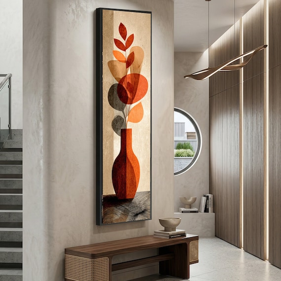 Lange schmale, moderne abstrakte Vase Leinwand, minimalistische Blumenwand Kunst, Erdton Wohnkultur, zeitgenössische botanische Leinwand, vertikale Wanddek