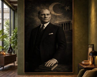 Mustafa Kemal Atatürk Portrait Canvas Wall Art, Turkish Flag Moon Star Background, Historical Leader Canvas, Vintage Home Decor, Classic