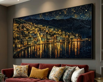 Gustav Klimt Style Illuminated Coastal Village Canvas, Night Reflection Wall Art, Golden Lights Landscape, Modern Decorative Canvas