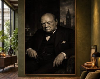 Winston Churchill Portrait Canvas Wall Art, Vintage British Leader Print, Historical Figure Decoration, London Big Ben Background, Classic