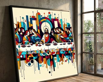 Modern Abstract Last Supper Canvas, Religious Wall Art, Geometric Christian Decor, Colorful Spiritual Canvas, Inspirational Home Decoration