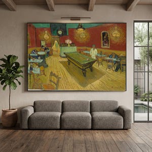 May include: A framed wall art print of Vincent van Gogh's The Night Cafe, featuring a green billiard table in the centre of a room with red walls, yellow floors, and glowing lamps, depicting patrons sitting at tables in a dimly lit interior space.