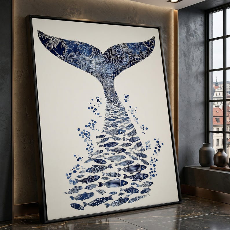 Blue Whale Tail Canvas, Ocean Fish Silhouette Art, Marine Life Wall Decor, Nautical Canvas Wall Art, Coastal Home Decoration image 5