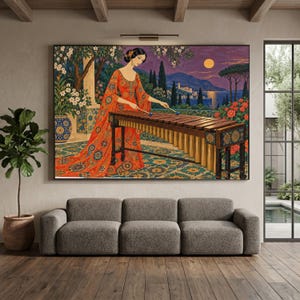 Vittorio Zecchin Style Woman Playing Marimba Canvas, Vintage Venetian Art, Floral Mediterranean Landscape Wall Art, Elegant Female Musician