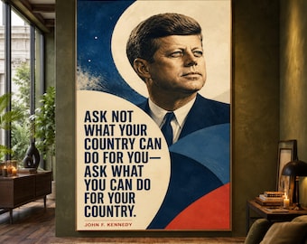 John F Kennedy Quote Canvas Wall Art, Patriotic Home Decor, Inspirational Country Service Canvas, Vintage American Leader Portrait