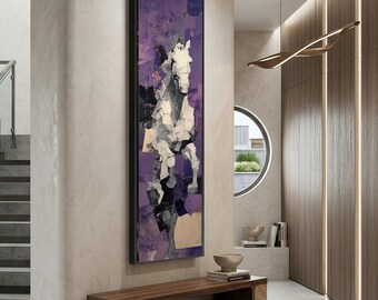 Long Narrow, Abstract White Horse Canvas Wall Art, Modern Purple Horse Equestrian Home Decor, Large Vertical Canvas, Contemporary Animal Art