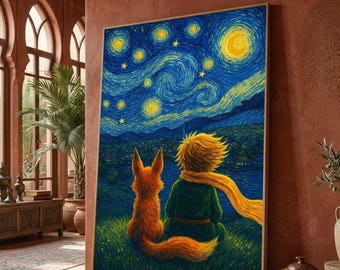 Starry Night Sky Canvas Wall Art, Little Prince and Fox Friendship, Nighttime Landscape Canvas, Whimsical Children’s Illustration,