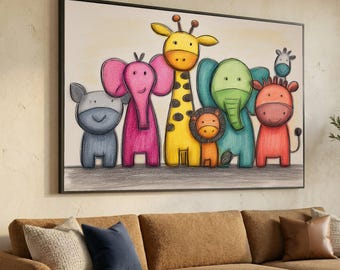Playful Safari Animals Canvas, Kids Wall Art, Cartoon Jungle Animals, Nursery Room Decoration, Colorful Animal Canvas