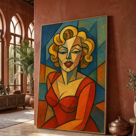 Abstract Woman Portrait Canvas, Modern Cubism Wall Art, Colorful Female Figure Decor, Geometric Face Canvas, Contemporary Home Decoration