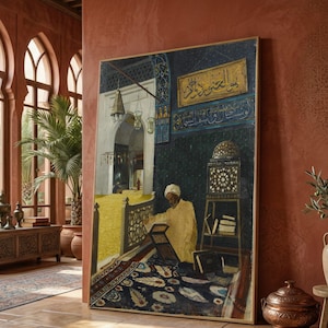 Osman Hamdi Bey interiörscen på canvas, islamisk arkitekturkonst, väggdekor av ottomansk tid, traditionell turkisk studie, historiskt hem