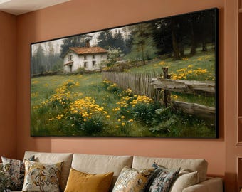 Rustic Countryside Cottage Canvas, Yellow Wildflowers Meadow Wall Art, Vintage Farmhouse Landscape Canvas, Wooden Fence Nature Scene