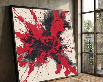 Dynamic Red and Black Splash Canvas, Modern Abstract Wall Art, Energetic Home Decoration, Vibrant Color Burst Canvas