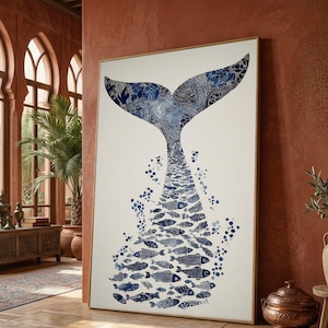 Blue Whale Tail Canvas, Ocean Fish Silhouette Art, Marine Life Wall Decor, Nautical Canvas Wall Art, Coastal Home Decoration image 1