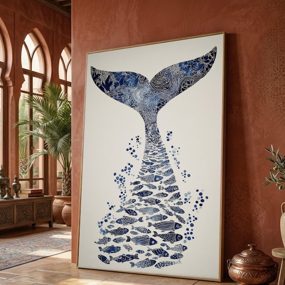 Blue Whale Tail Canvas, Ocean Fish Silhouette Art, Marine Life Wall Decor, Nautical Canvas Wall Art, Coastal Home Decoration