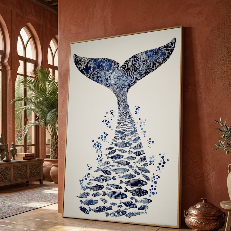 Blue Whale Tail Canvas, Ocean Fish Silhouette Art, Marine Life Wall Decor, Nautical Canvas Wall Art, Coastal Home Decoration image 1