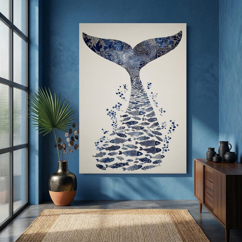 Blue Whale Tail Canvas, Ocean Fish Silhouette Art, Marine Life Wall Decor, Nautical Canvas Wall Art, Coastal Home Decoration image 4