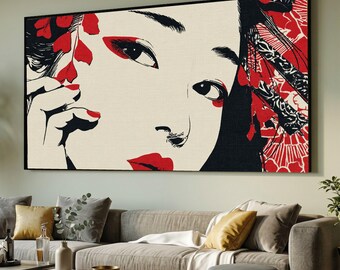 Elegant Geisha Portrait Canvas, Asian Woman Art Print, Red and Black Wall Art, Minimalist Face Illustration, Modern Home Decoration
