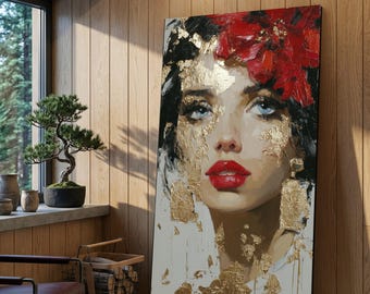 Elegant Female Portrait Canvas Wall Art, Red Floral Headpiece, Gold Leaf Accents, Contemporary Beauty Canvas, Glamour Home Decoration