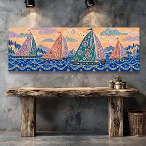 Vittorio Zecchin-stil nautisk canvas, dekorativ segelbåtsväggkonst, mönstrad havsmotivcanvas, elegant vintage-kustdekor