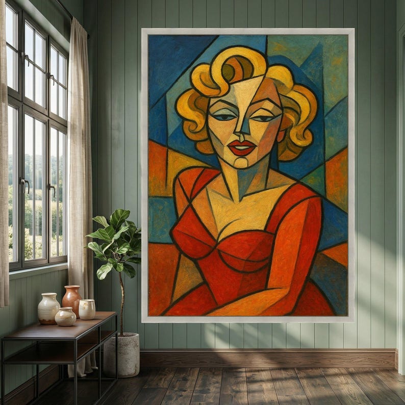 Abstract Woman Portrait Canvas, Modern Cubism Wall Art, Colorful Female Figure Decor, Geometric Face Canvas, Contemporary Home Decoration image 3