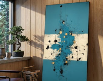 Modern Abstract Canvas Wall Art, Blue and Black Splatter Design, Geometric Canvas Artwork, Contemporary Home Decoration, Large Vertical Wall