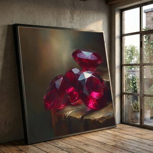 Lienzo con piedras preciosas rojas radiantes, arte mural de cristal de lujo, decoración de rubíes brillantes, bodegón de joyería elegante, decoración de acento para el hogar