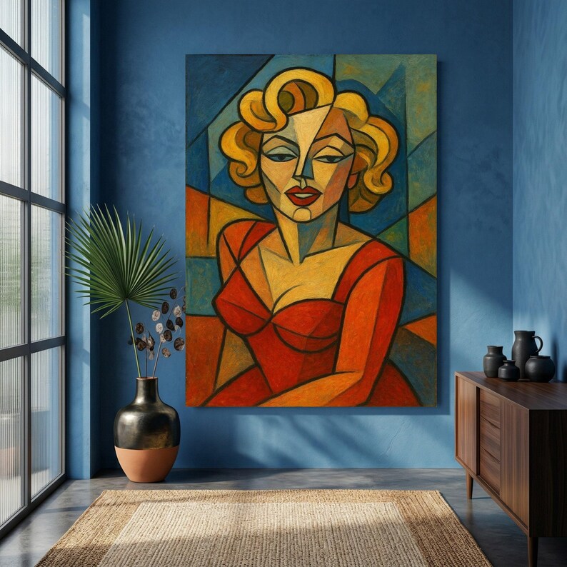 Abstract Woman Portrait Canvas, Modern Cubism Wall Art, Colorful Female Figure Decor, Geometric Face Canvas, Contemporary Home Decoration image 4
