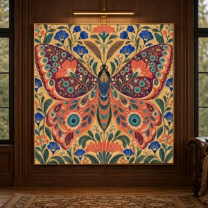 Vittorio Zecchin Style Vibrant Butterfly Canvas Wall Art, Vintage Floral Motif, Ornamental Nature Decor, Colorful Bohemian Butterfly Print