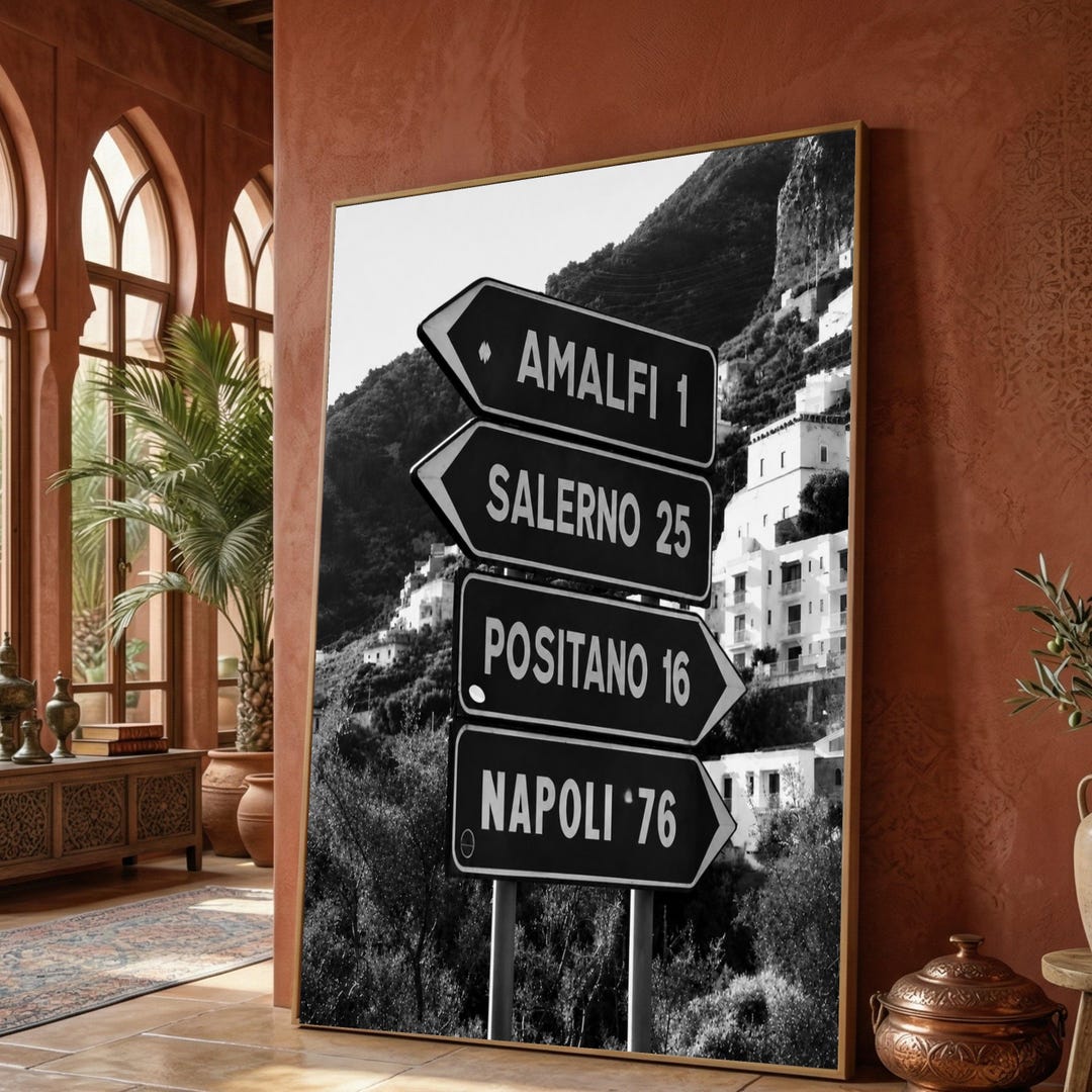 Amalfi Coast Road Sign Canvas, Black and White Italy Travel Wall Art ...