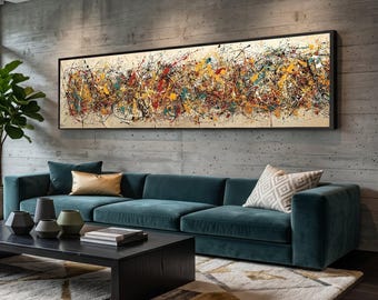 Long Narrow, Vibrant Abstract Splatter Canvas, Colorful Modern Wall Art, Energetic Home Decoration, Bold Expressionist Design