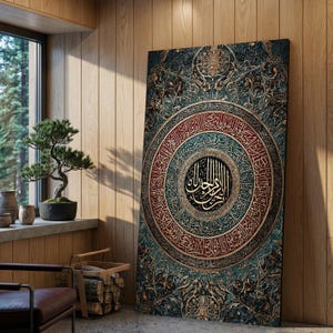 May include: Large canvas art print featuring intricate Arabic calligraphy in a circular design. The artwork uses a color palette of teal, red, and gold, with ornate floral patterns. The central text is in a black circle.