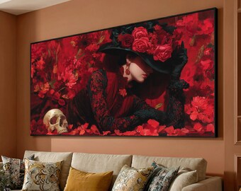Elegant Lady with Red Roses and Skull Canvas, Gothic Floral Portrait Wall Art, Dark Romantic Home Decoration, Red and Black Canvas Print