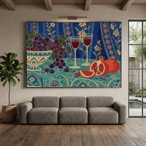 Vittorio Zecchin-stil Stilleben på canvas, väggkonst med druvor och granatäpplen, blå blommig dukdekoration, italiensk vintage canvastavla