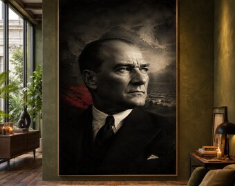 Mustafa Kemal Atatürk Portrait Canvas, Historical Turkish Leader Wall Art, Classic Monochrome Canvas, Ankara Iconic Decoration, Home Office