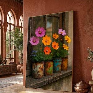 Rustic Window Flower Pots Canvas, Colorful Cosmos Blooms, Vintage Home Decor, Botanical Canvas Wall Art, Floral Arrangement Print