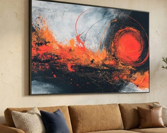 Fiery Abstract Explosion Canvas, Modern Art Wall Decor, Vibrant Orange and Black Canvas, Dynamic Home Decoration, Contemporary Wall Art