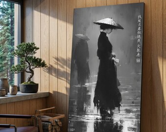 Elegant Woman with Traditional Umbrella Canvas, Monochrome Asian Art, Rainy Day Reflection Wall Art, Serene Mood Canvas Decoration