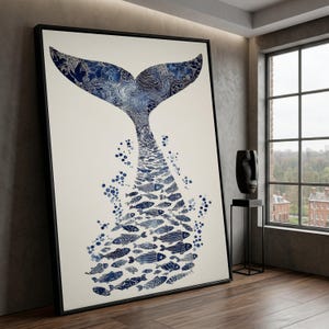 Blue Whale Tail Canvas, Ocean Fish Silhouette Art, Marine Life Wall Decor, Nautical Canvas Wall Art, Coastal Home Decoration image 2