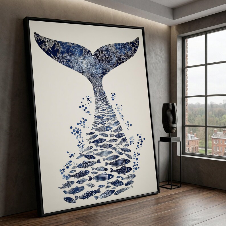 Blue Whale Tail Canvas, Ocean Fish Silhouette Art, Marine Life Wall Decor, Nautical Canvas Wall Art, Coastal Home Decoration image 2