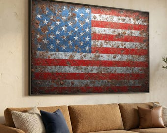 Rustic American Flag Canvas Wall Art, Patriotic Home Decoration, Vintage USA Flag Print, Rustic Americana Canvas, Ready to Hang Wall Decor