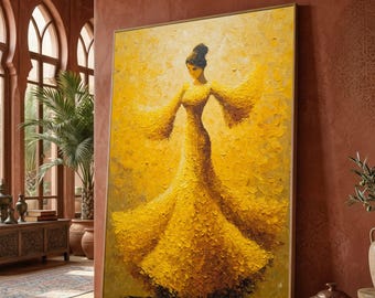 Elegant Woman Flowing Yellow Dress Canvas, Abstract Figure Wall Art, Modern Home Decor, Living Room Canvas Feminine Silhouette Art