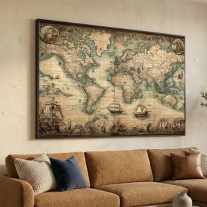 Op de afbeelding: Een rechthoekig wandkunstwerk met een wereldkaart in vintage-stijl in sepia en gedempte blauwtinten. De kaart toont continenten, breedte- en lengtegraden en gedetailleerde illustraties van zeilschepen in de oceanen en in de hoeken.