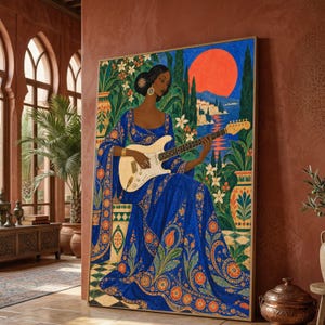 Vittorio Zecchin Style Woman Playing Guitar Canvas, Mediterranean Sunset Scene, Floral Pattern Dress Art, Elegant Female Portrait Wall Art