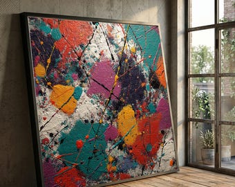 Vibrant Abstract Splatter Canvas, Colorful Modern Wall Art, Dynamic Splash Design, Contemporary Home Decoration, Ready to Hang Canvas