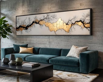 Long Narrow, Abstract Gold Crack Canvas Wall Art, Modern Black Branch Design, Elegant Metallic Accent Canvas, Contemporary Home Decoration,