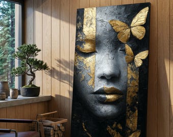 Golden Butterflies and Female Face Canvas Wall Art, Abstract Modern Portrait, Metallic Accent Home Decoration, Elegant Wall Hanging