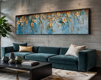 Long Narrow, Elegant Cream Blossom Canvas Wall Art, Blue Background Floral Branches, Modern Botanical Canvas, Home Decor Accent, Ready to Ha