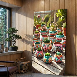 Puede incluir: Una colección de macetas de cerámica pintadas a mano, con diseños florales y geométricos variados. Las macetas, llenas de suculentas y pequeñas plantas, están dispuestas sobre una superficie de madera. Las macetas son de color rosa, turquesa, naranja y negro.
