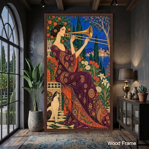 Elegant Woman Playing Trombone Canvas, Vittorio Zecchin Style Wall Art, Decorative Floral Mediterranean Scene, Vintage Musician Portrait