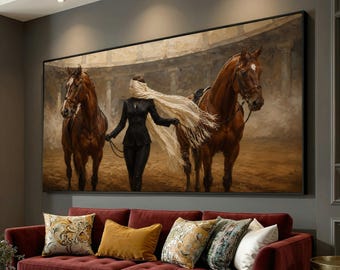 Elegant Woman with Horses Canvas, Equestrian Art Print, Stylish Rider Wall Decor, Horseback Riding Canvas, Fashionable Equestrian Scene